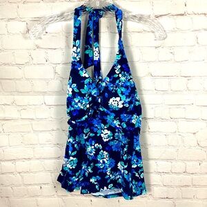 NWT Lands’End Floral Tankini Bathing Suit Top UPF‎ 50 V-Neck Halter Blue Aqua